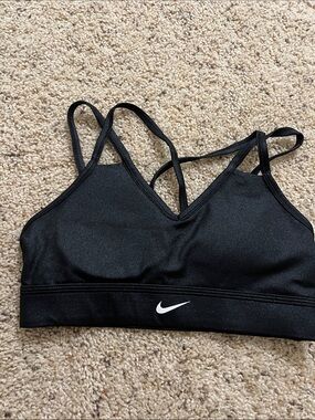 Nike Black Strappy V‑Neck Sports Bra with White Swoosh